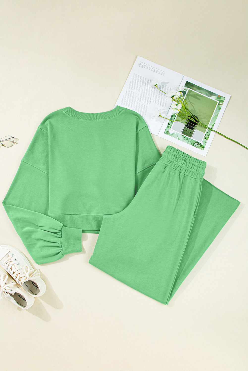 Bright Green Drop Shoulder Crop Pullover Drawstring Wide Leg Pants Set
