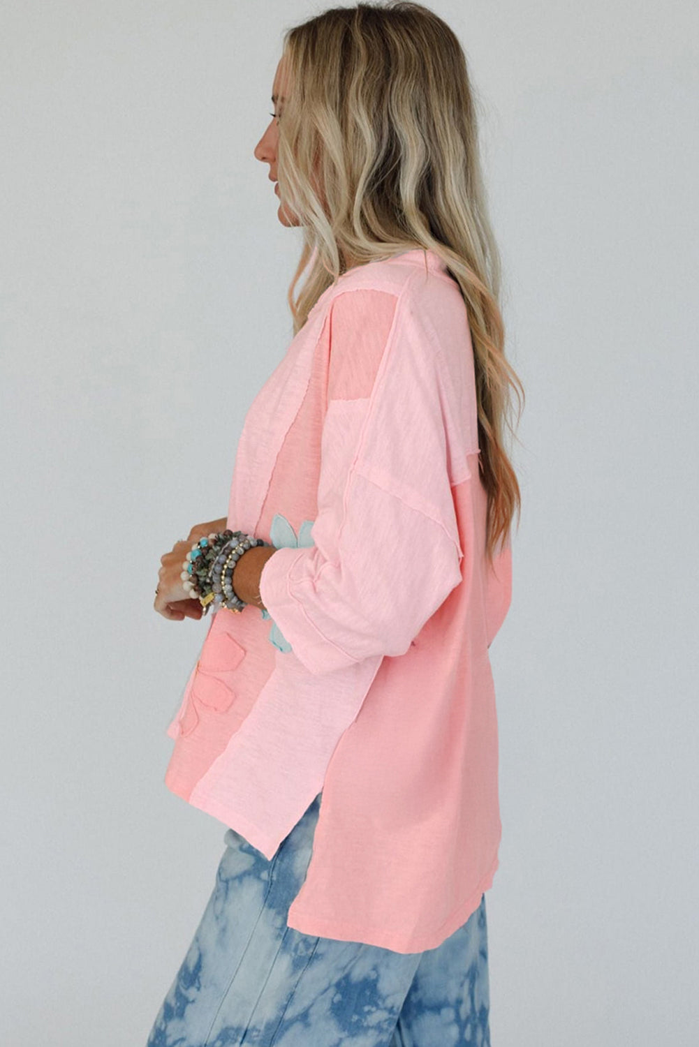 Pink Flower Patched Exposed Seam 3/4 Sleeve top