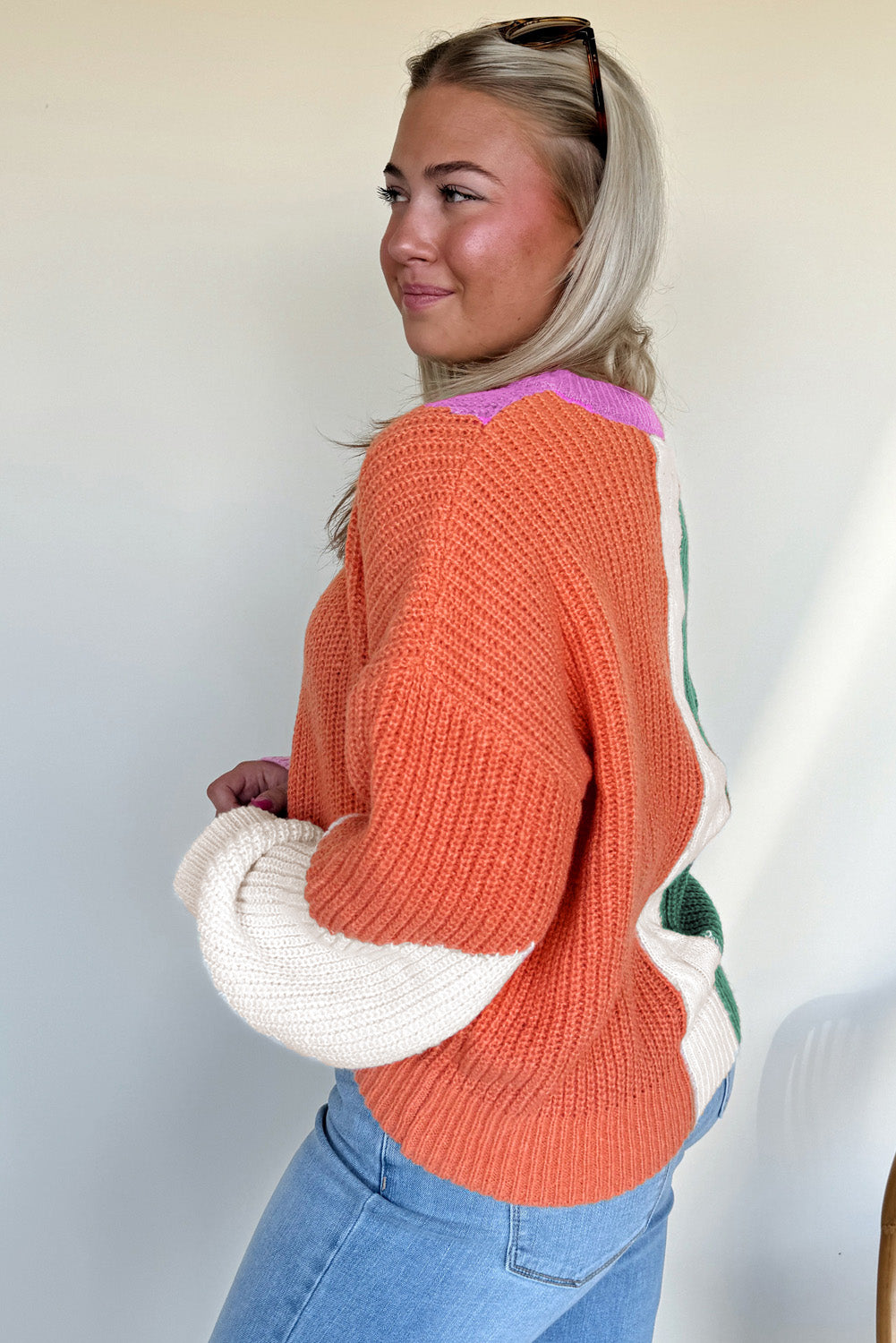 Desert Gold Colorblock Knit Drop Shoulder Loose Fit Sweater