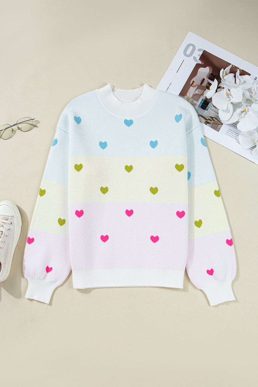 Multicolor Heart Pattern Colorblock High Neck Sweater