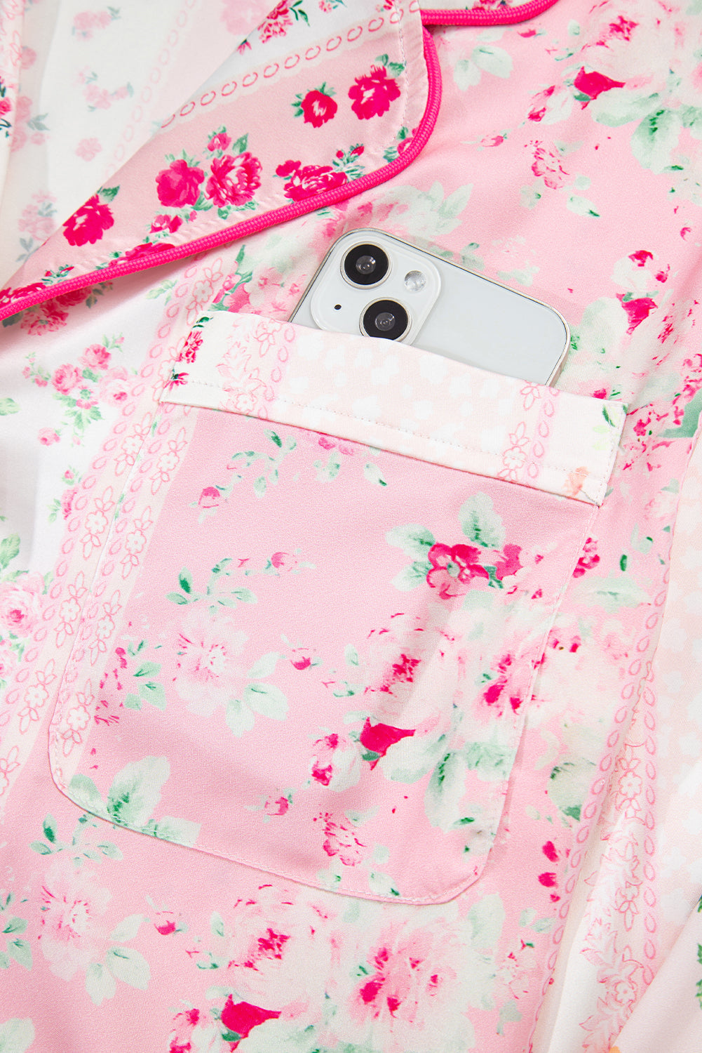 Pink Mixed Floral Print Contrast Piping Trim Satin Tie Pajama Set