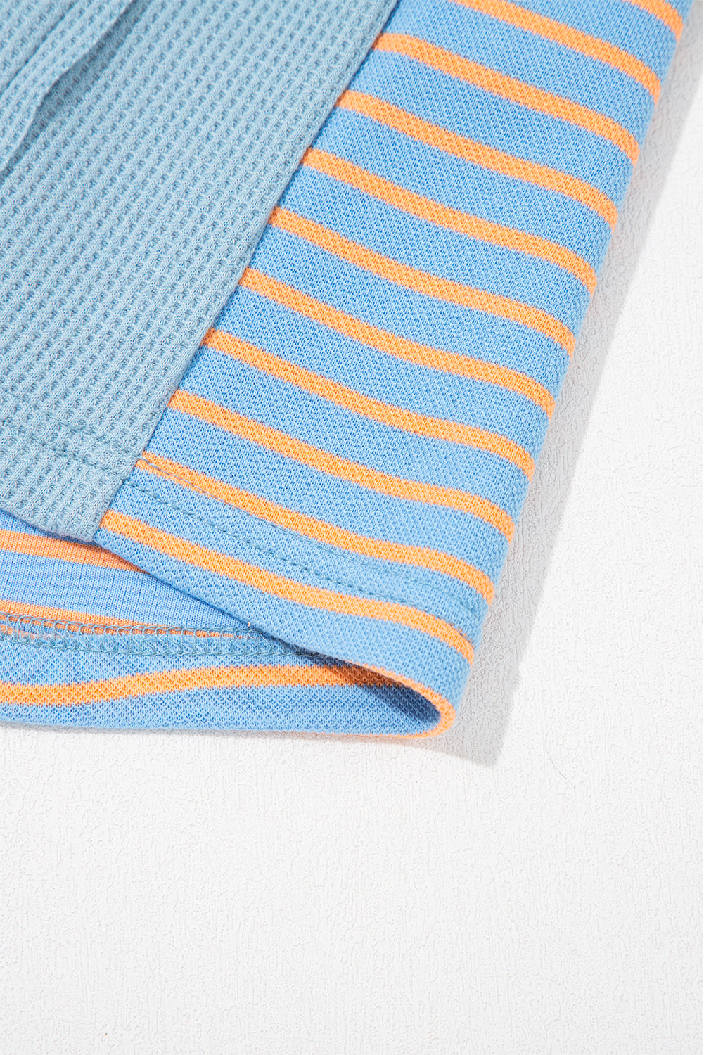 Dusk Blue Exposed Seam Waffle Striped Patchwork Baggy Pullover