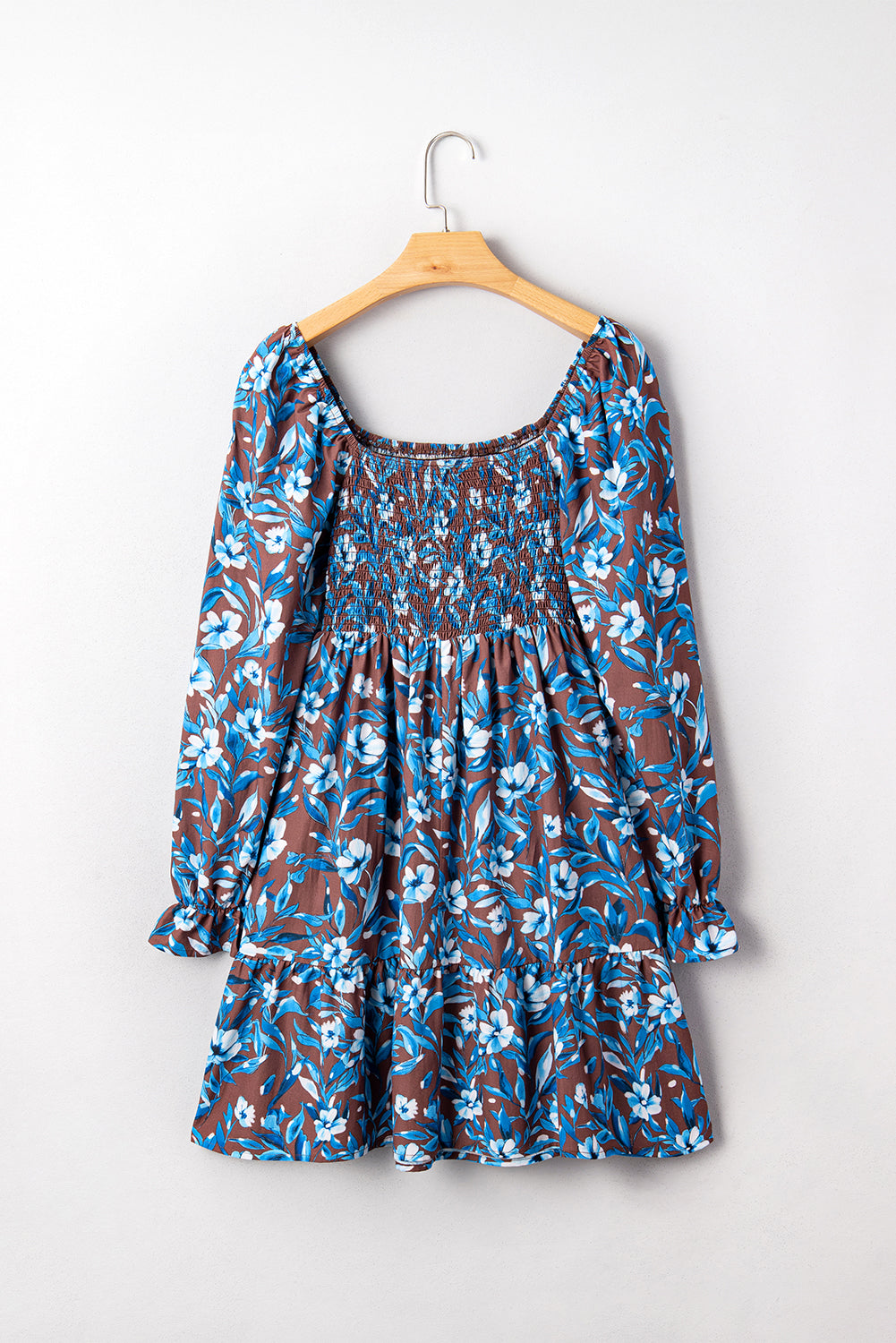 Blue Smocked Bodice High Waist Ruffled Sleeve Floral Dress