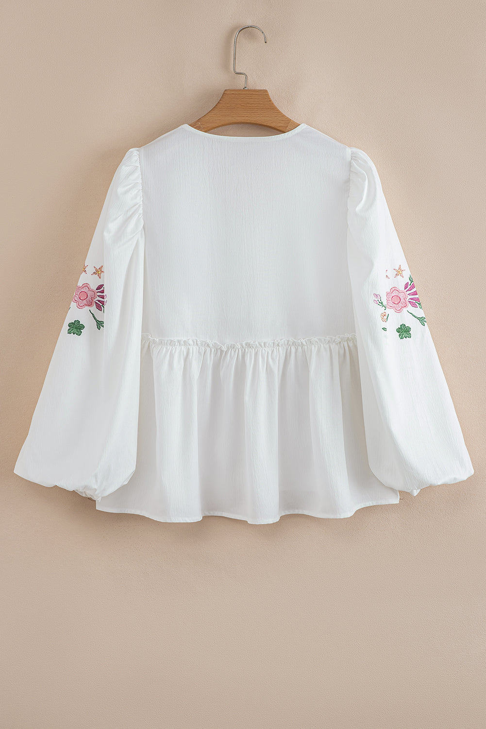 White Flower Lace-up V Neck Flowy Babydoll Blouse