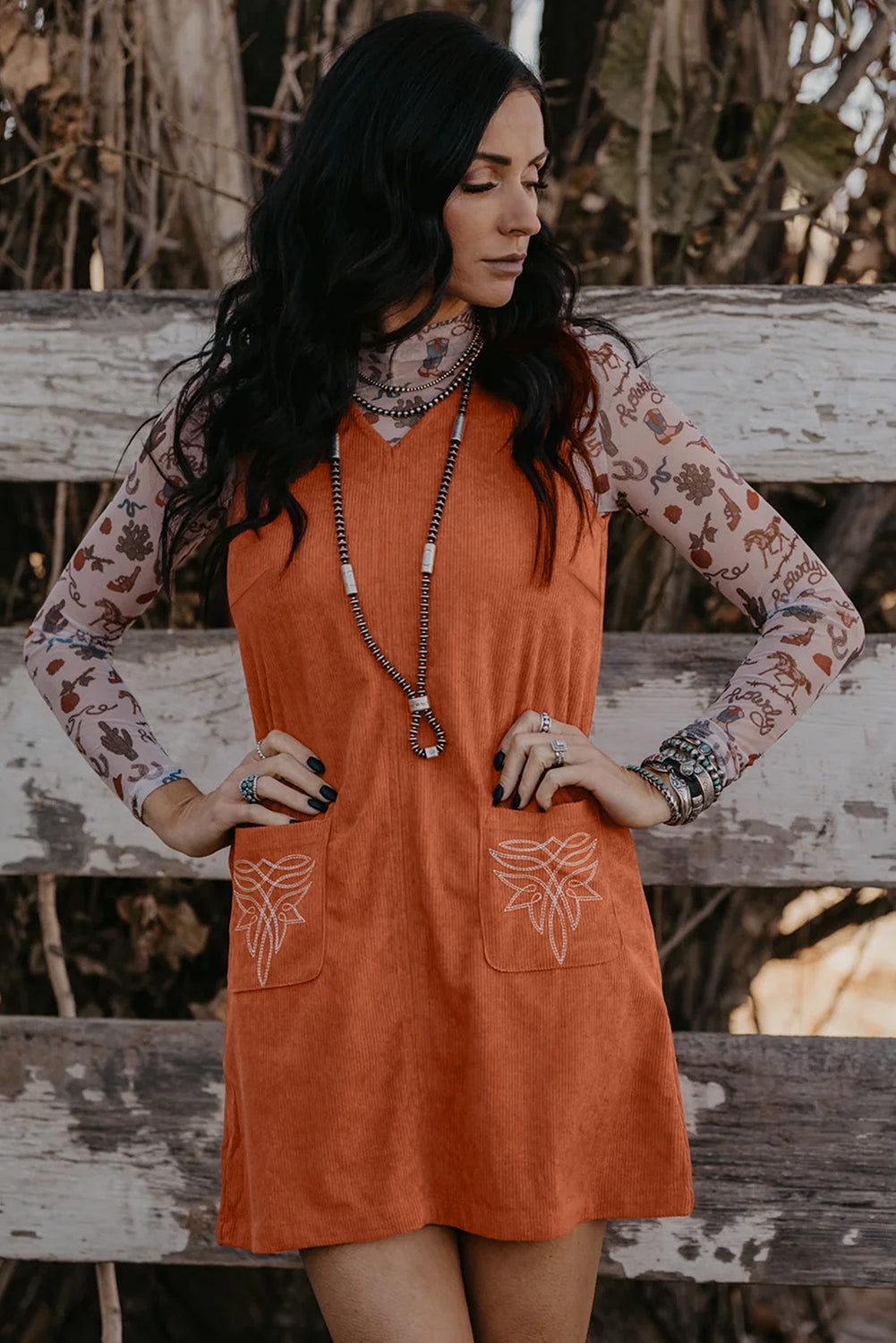 Gold Flame Corduroy Embroidered Patch Pocket Sleeveless Mini Dress