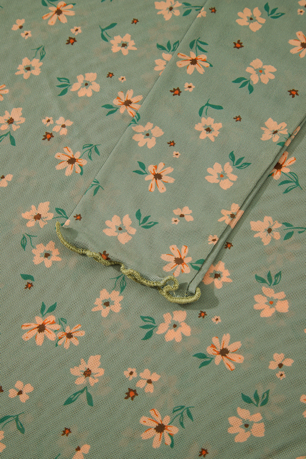 Laurel Green Floral Print Mesh Slim Fit Long Sleeve Top