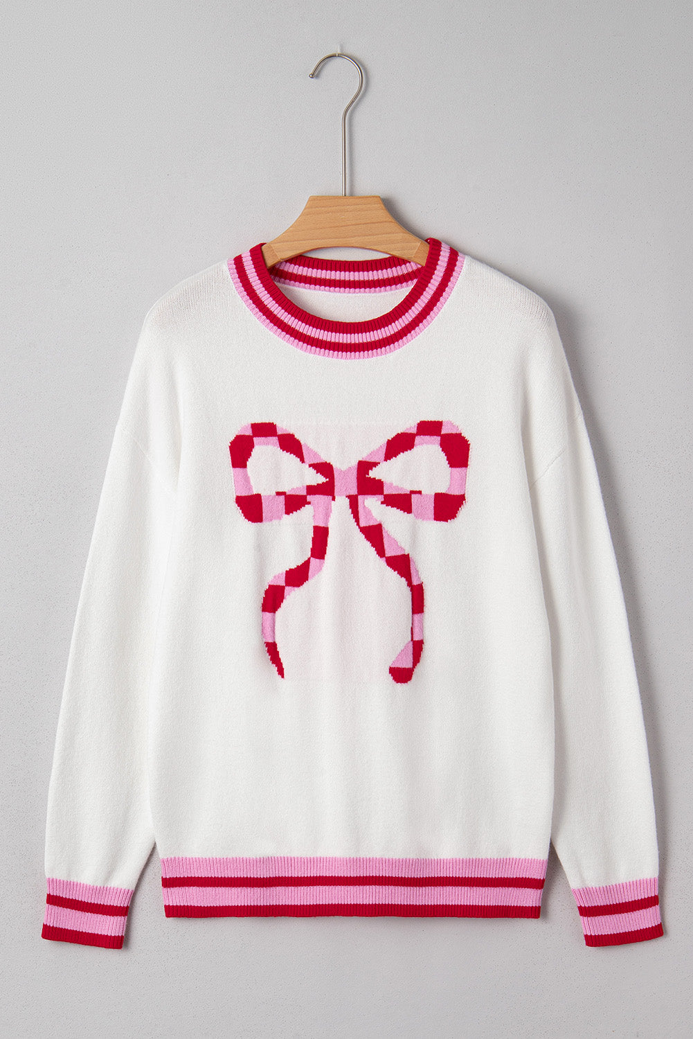 White Bow Pattern Contrast Trim Long Sleeve Sweater