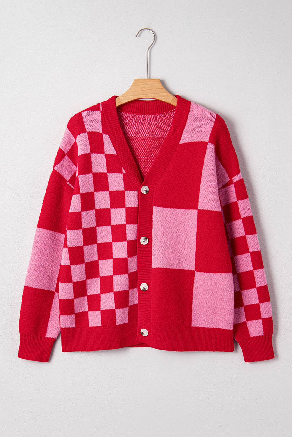 Fiery Red Colorblock Plaid Button Knit Cardigan