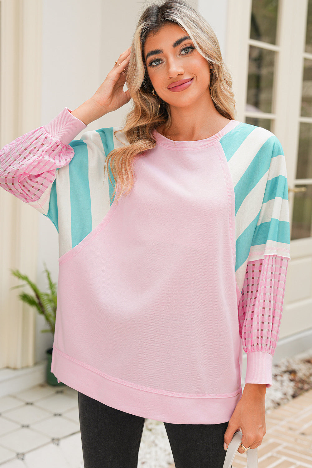 Bonbon Striped Colorblock Patchwork Raglan Sleeve Top