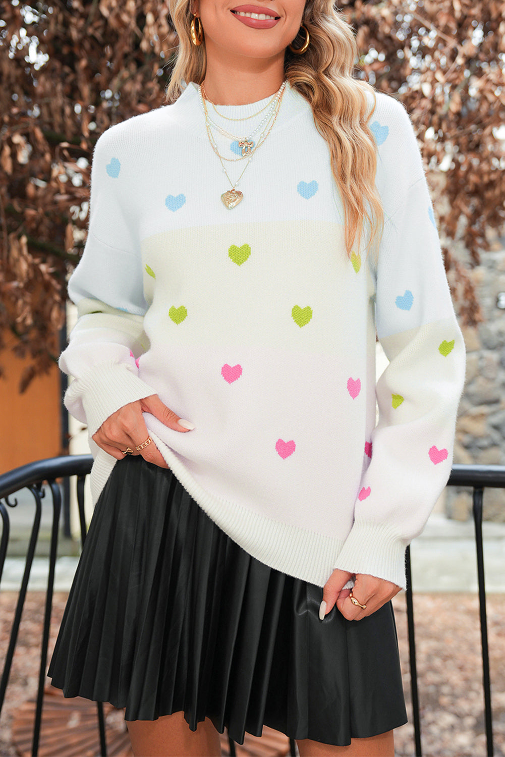 Multicolor Heart Pattern Colorblock High Neck Sweater